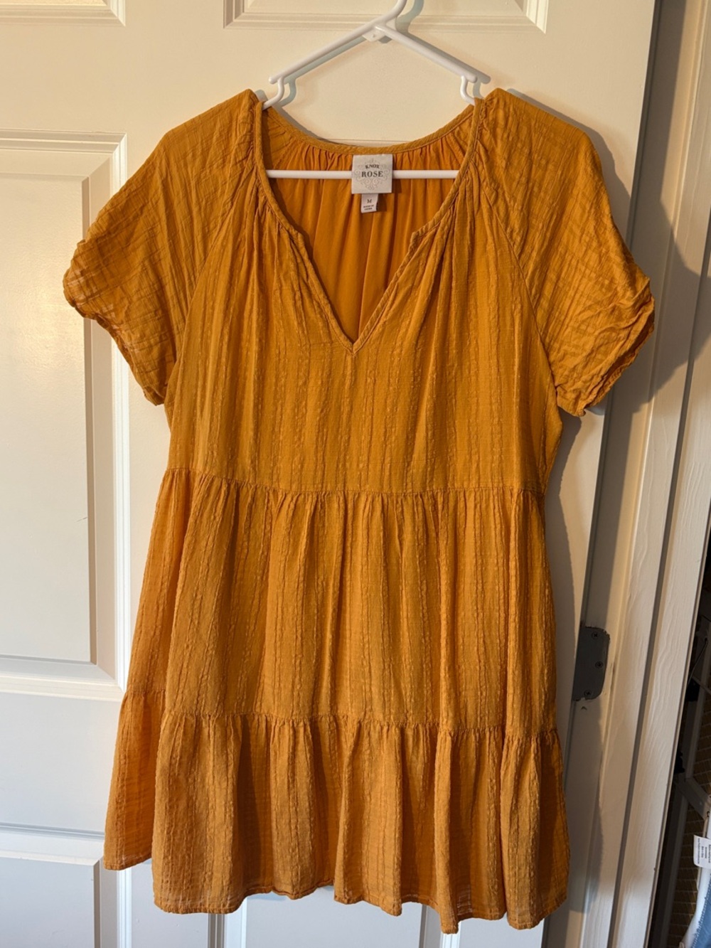 Knox Rose Mustard Tiered V-Neck Short Sleeve Mini Dress